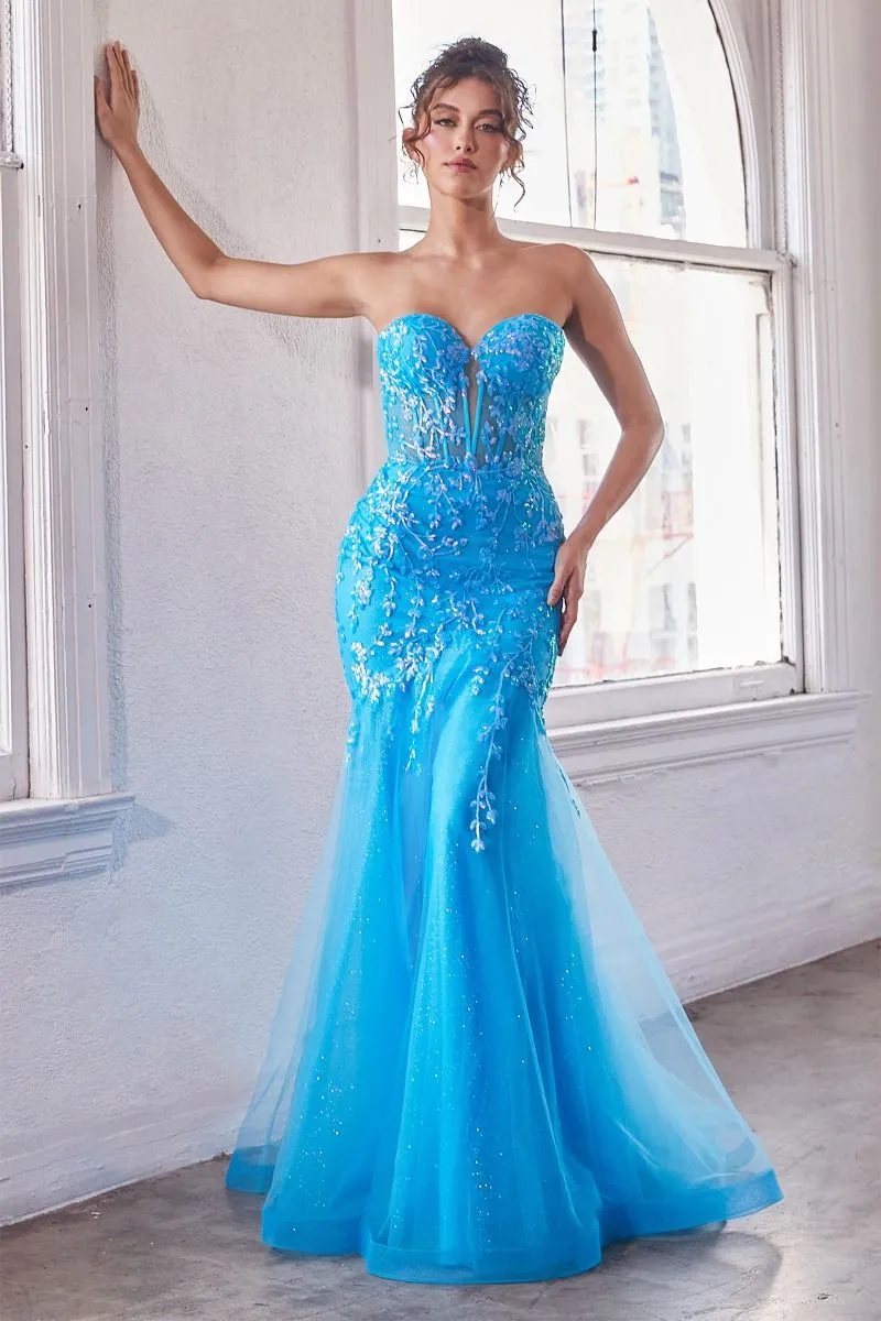 CD CB139 - Strapless Bead Embellished Fit & Flare Prom Gown with Sheer Boned Bodice & Layered Shimmering Tulle Skirt