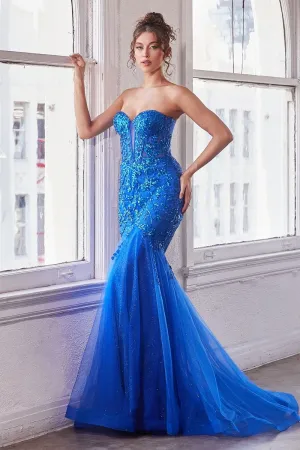 CD CB139 - Strapless Bead Embellished Fit & Flare Prom Gown with Sheer Boned Bodice & Layered Shimmering Tulle Skirt