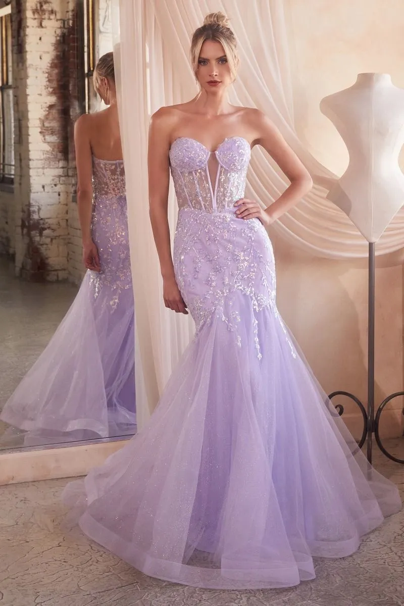 CD CB139 - Strapless Bead Embellished Fit & Flare Prom Gown with Sheer Boned Bodice & Layered Shimmering Tulle Skirt