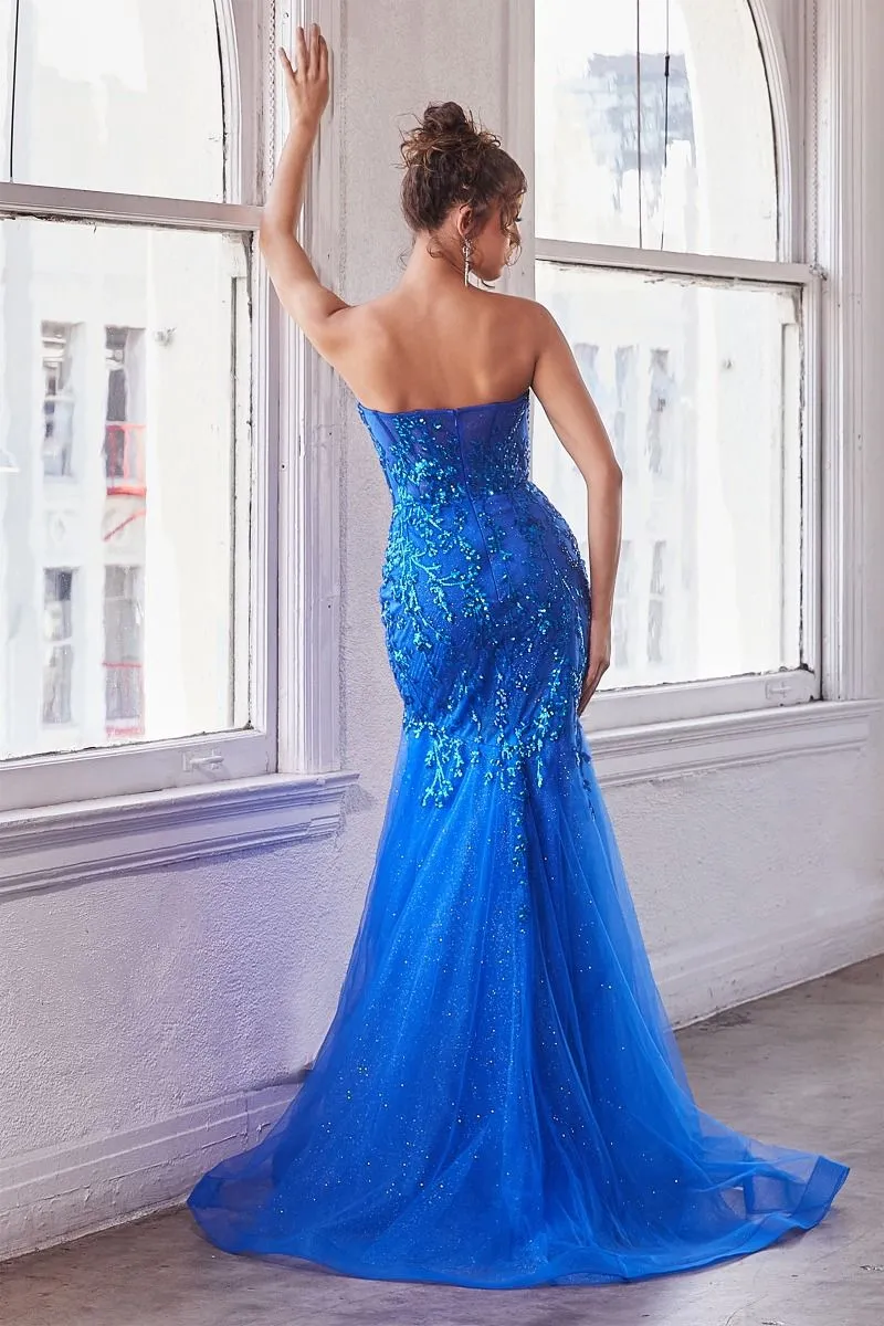 CD CB139 - Strapless Bead Embellished Fit & Flare Prom Gown with Sheer Boned Bodice & Layered Shimmering Tulle Skirt