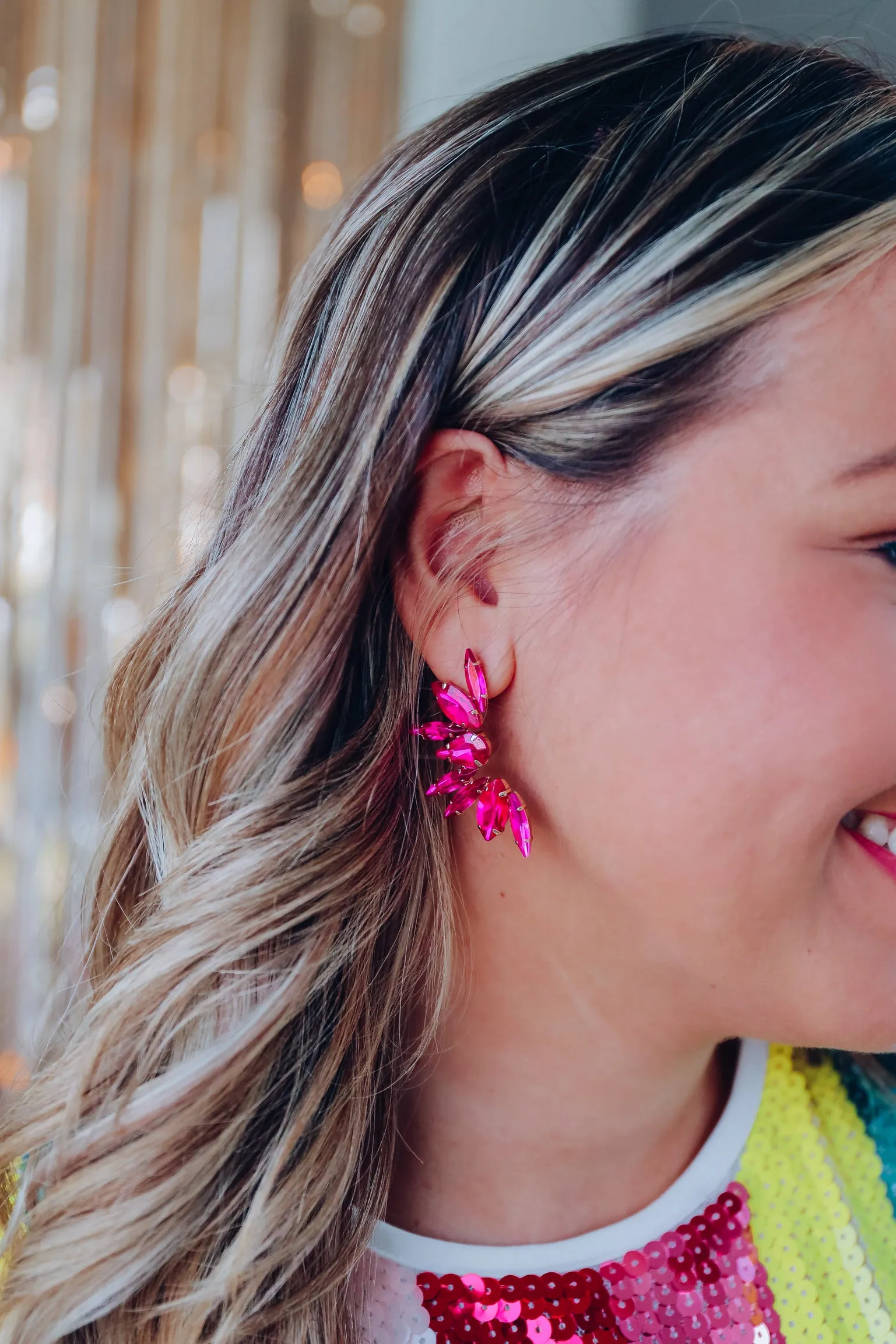 Charismatic Crystal Half Circle Earring - Pink