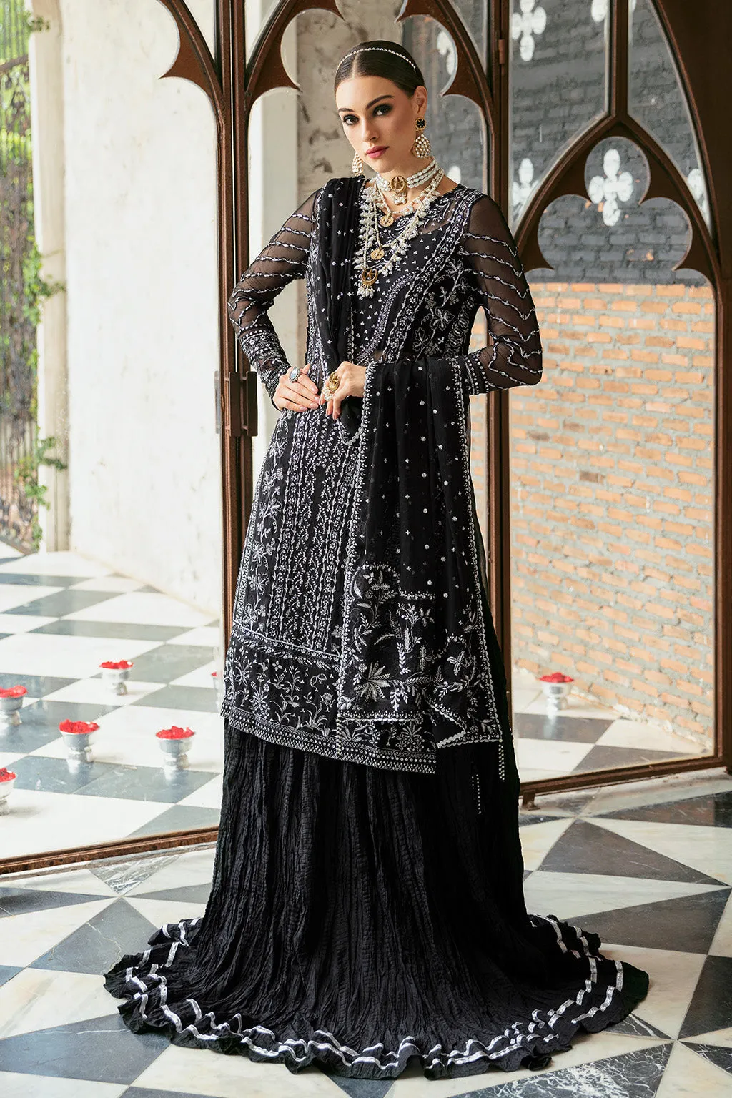 Classic Black Pakistani Wedding Dress in Kameez Crushed Sharara Style