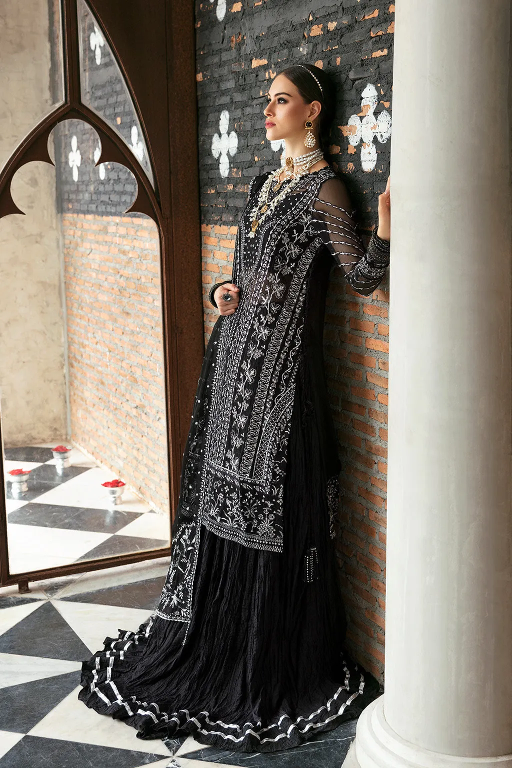 Classic Black Pakistani Wedding Dress in Kameez Crushed Sharara Style