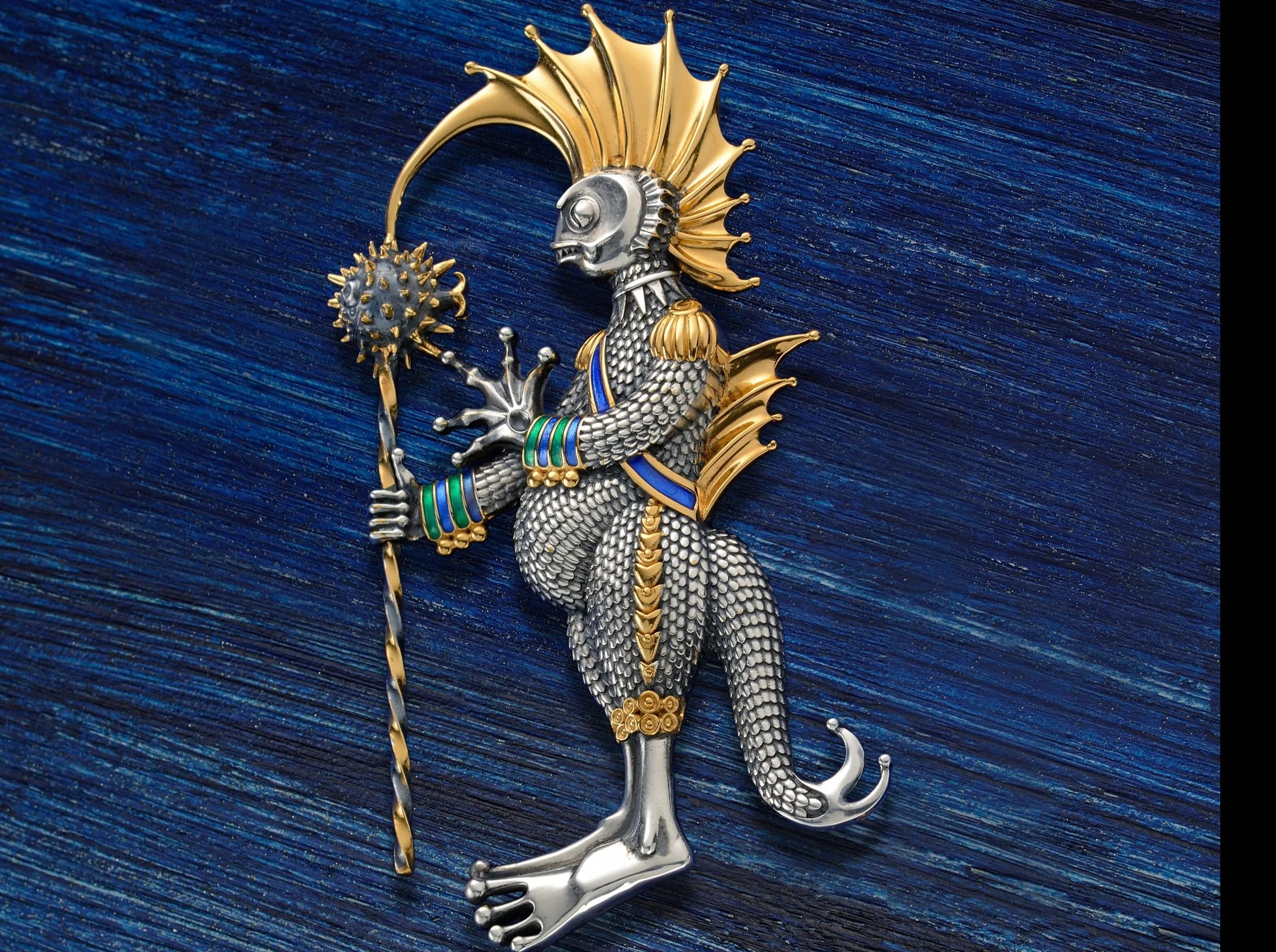 Designer Sterling Silver 22k Gilded Aquatic Warrior Mihail Chemiakin Pendant Brooch Pin