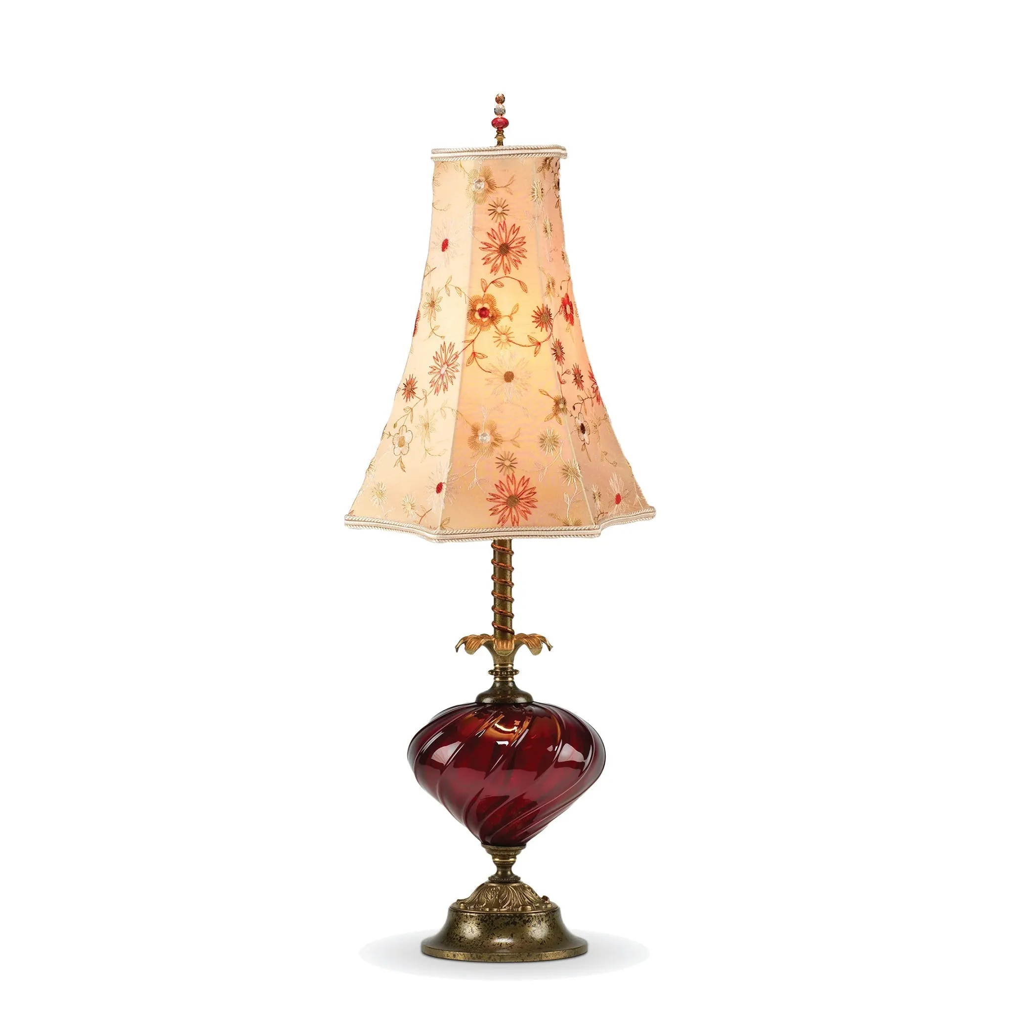 Elizabeth Jane Table Lamp 17RA8 with Deep Red Blown Glass and Floral Bell-Shaped Shade by Kinzig Design