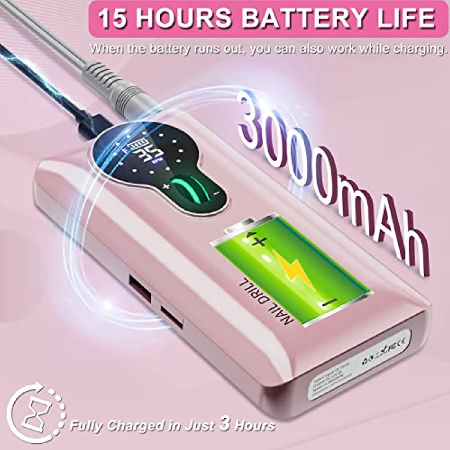 ENGERWALL 2022 Version Professional Rechargeable 35000 RPM Electric Nail Drill, Amazing 15h  Battery Life, Portable Nail File for Both PRO Manicures in Salon & DIY Nail Art in Travel or at Home(Pink)