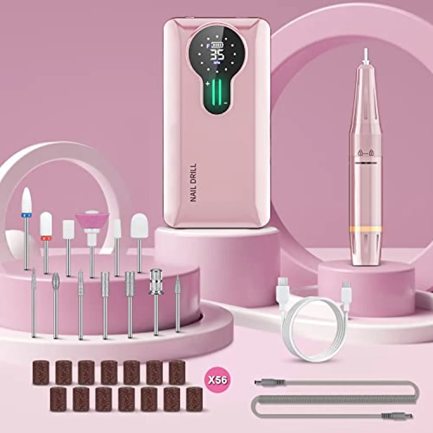ENGERWALL 2022 Version Professional Rechargeable 35000 RPM Electric Nail Drill, Amazing 15h  Battery Life, Portable Nail File for Both PRO Manicures in Salon & DIY Nail Art in Travel or at Home(Pink)