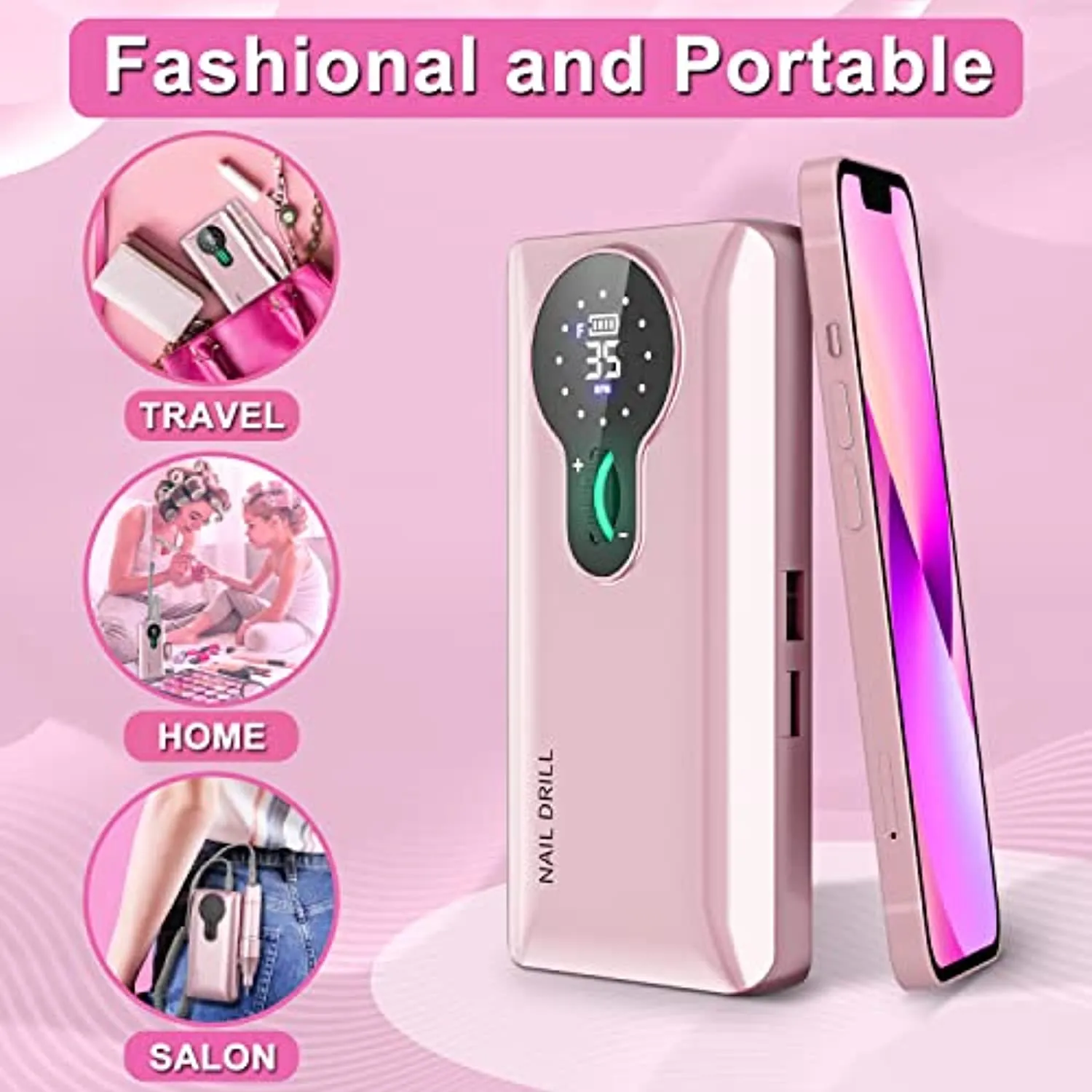 ENGERWALL 2022 Version Professional Rechargeable 35000 RPM Electric Nail Drill, Amazing 15h  Battery Life, Portable Nail File for Both PRO Manicures in Salon & DIY Nail Art in Travel or at Home(Pink)