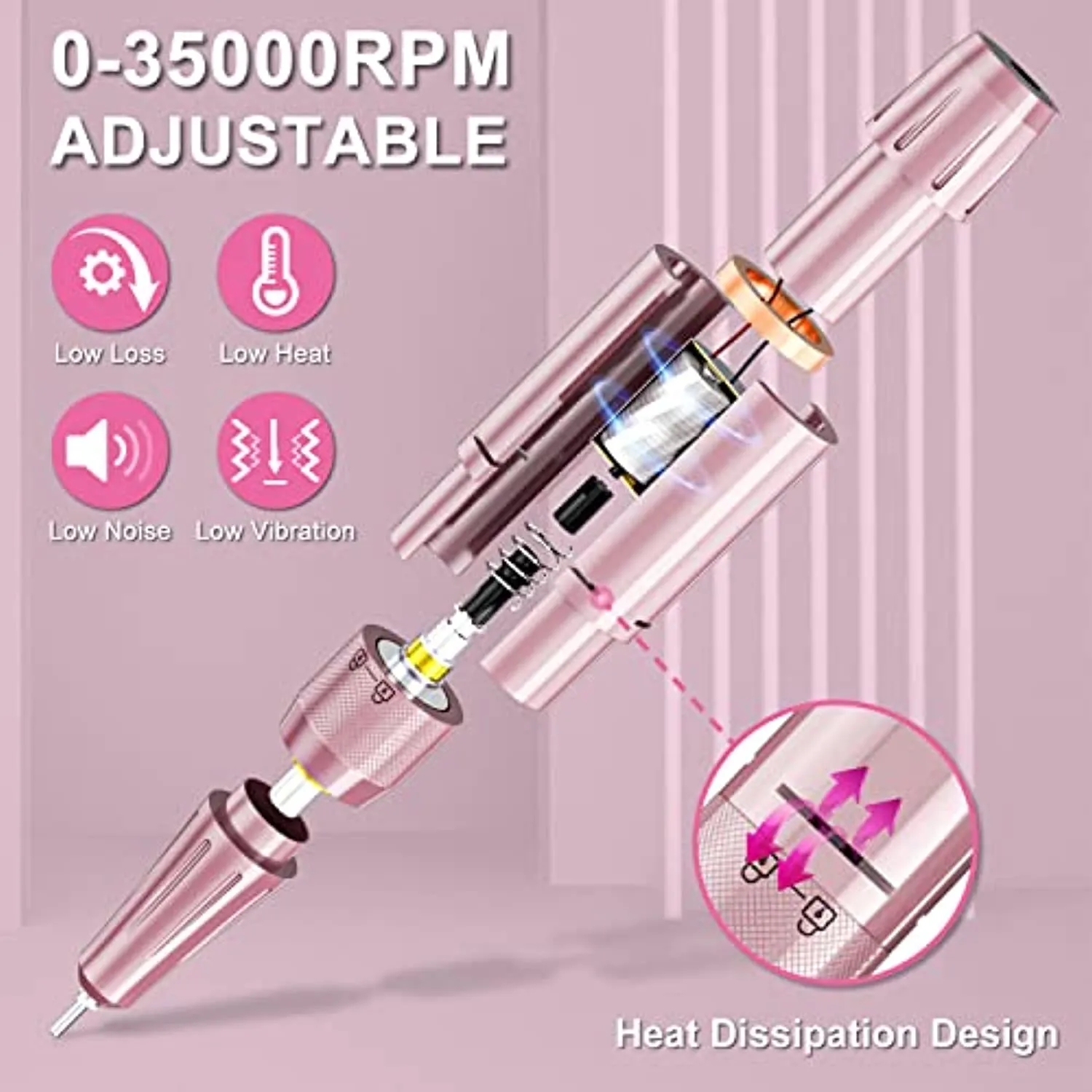 ENGERWALL 2022 Version Professional Rechargeable 35000 RPM Electric Nail Drill, Amazing 15h  Battery Life, Portable Nail File for Both PRO Manicures in Salon & DIY Nail Art in Travel or at Home(Pink)