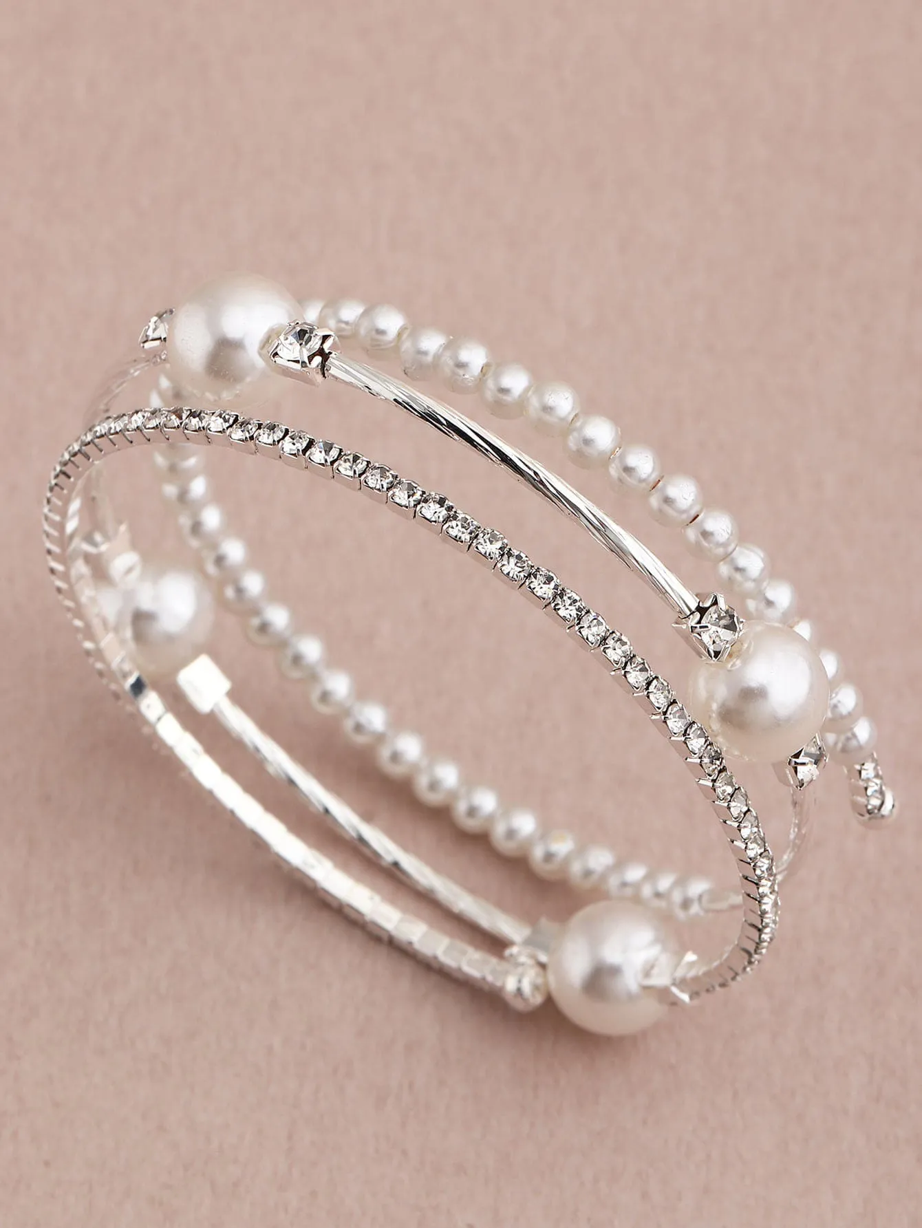 Faux Pearl Decor Bangle - Silver