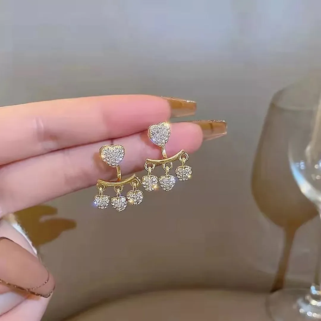Front Back Diamond Heart Stud Korean Earrings 2 Pcs/Set