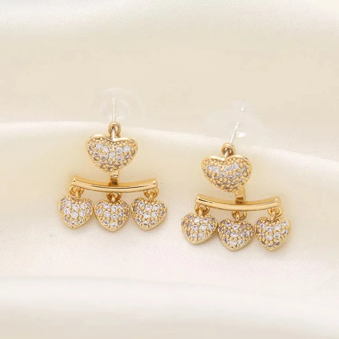 Front Back Diamond Heart Stud Korean Earrings 2 Pcs/Set