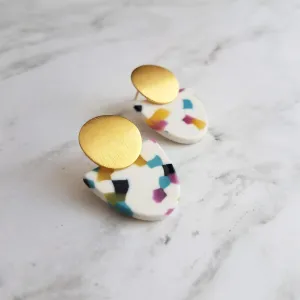 Gold Acrylic Speckled Earrings, 80s earring, retro earring, vintage earring, jelly candy earring, white earring, polka dot semicircle nougat