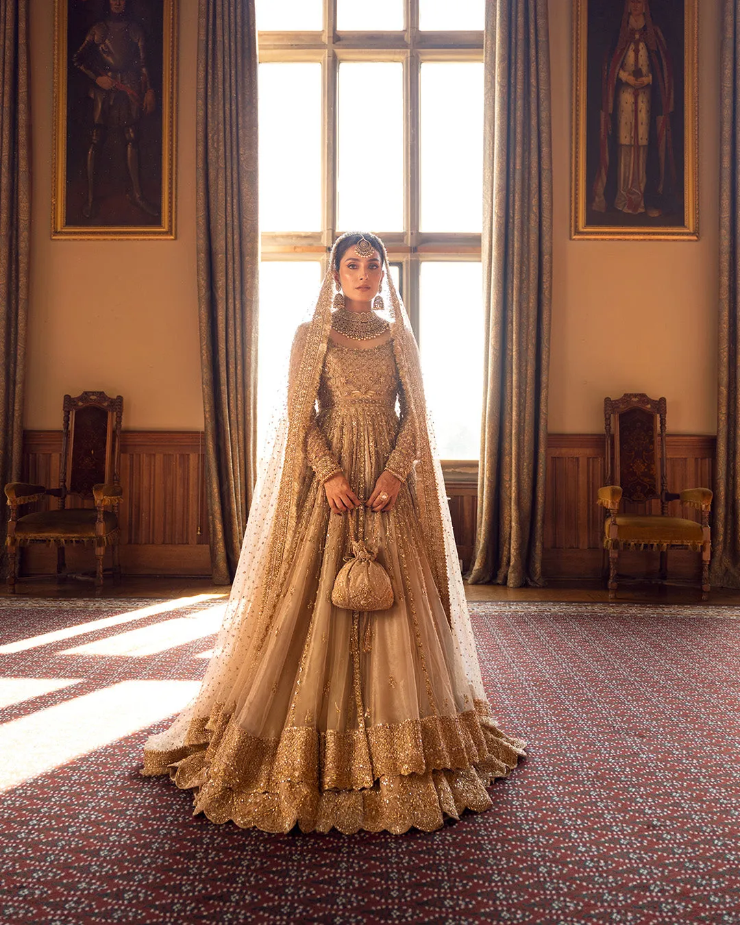 Gold Pakistani Bridal Dress in Pishwas Lehenga Style