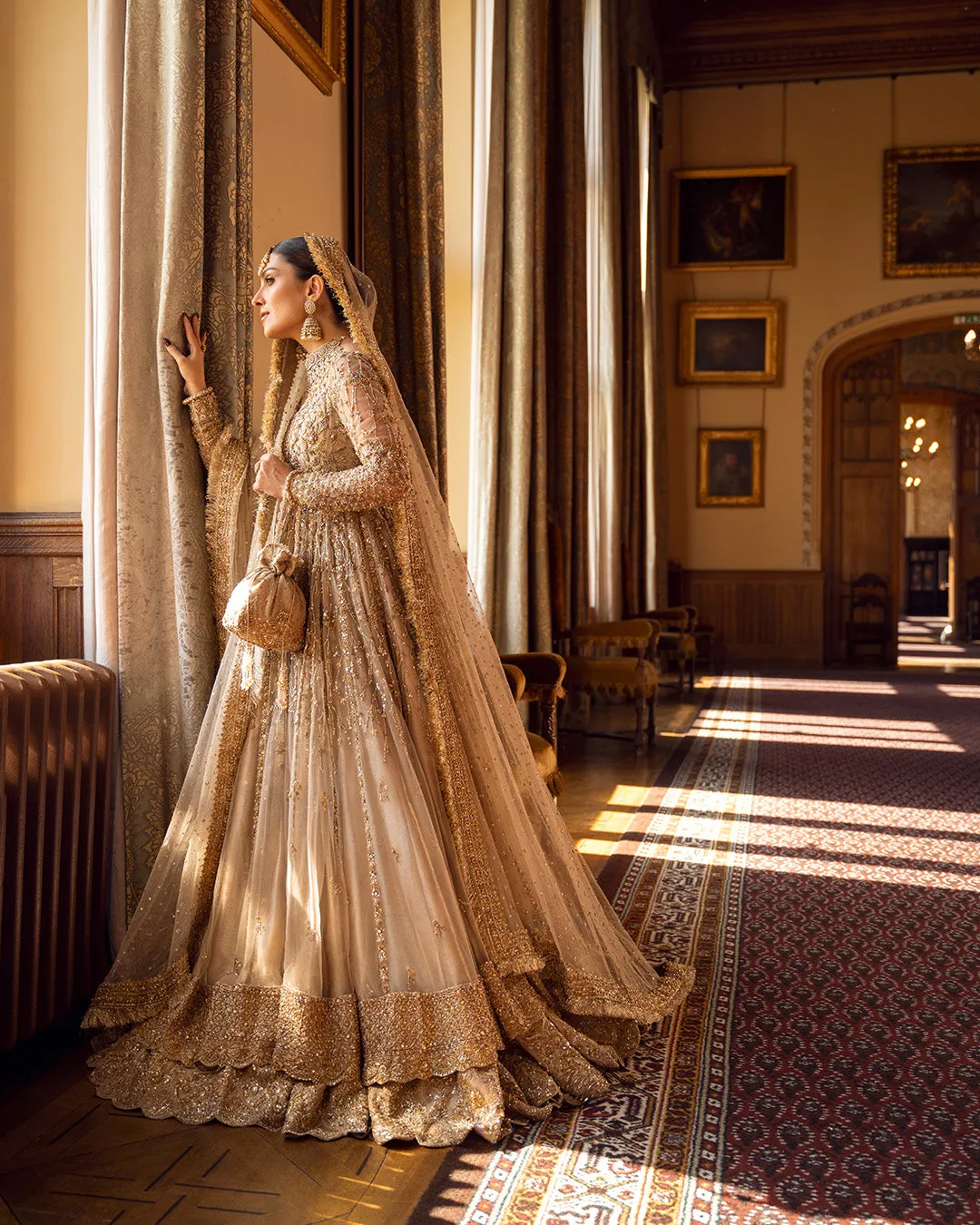 Gold Pakistani Bridal Dress in Pishwas Lehenga Style