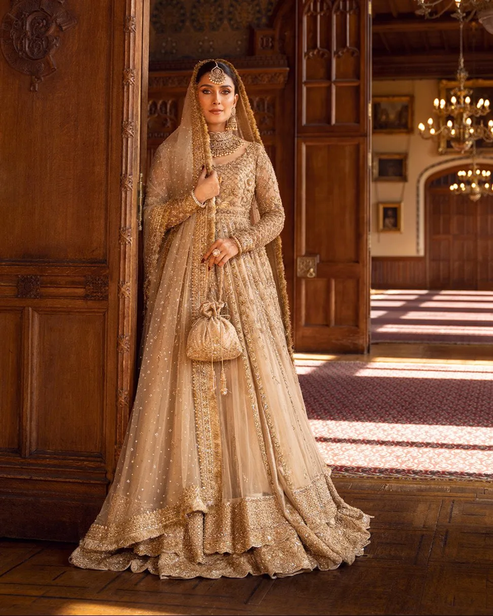 Gold Pakistani Bridal Dress in Pishwas Lehenga Style