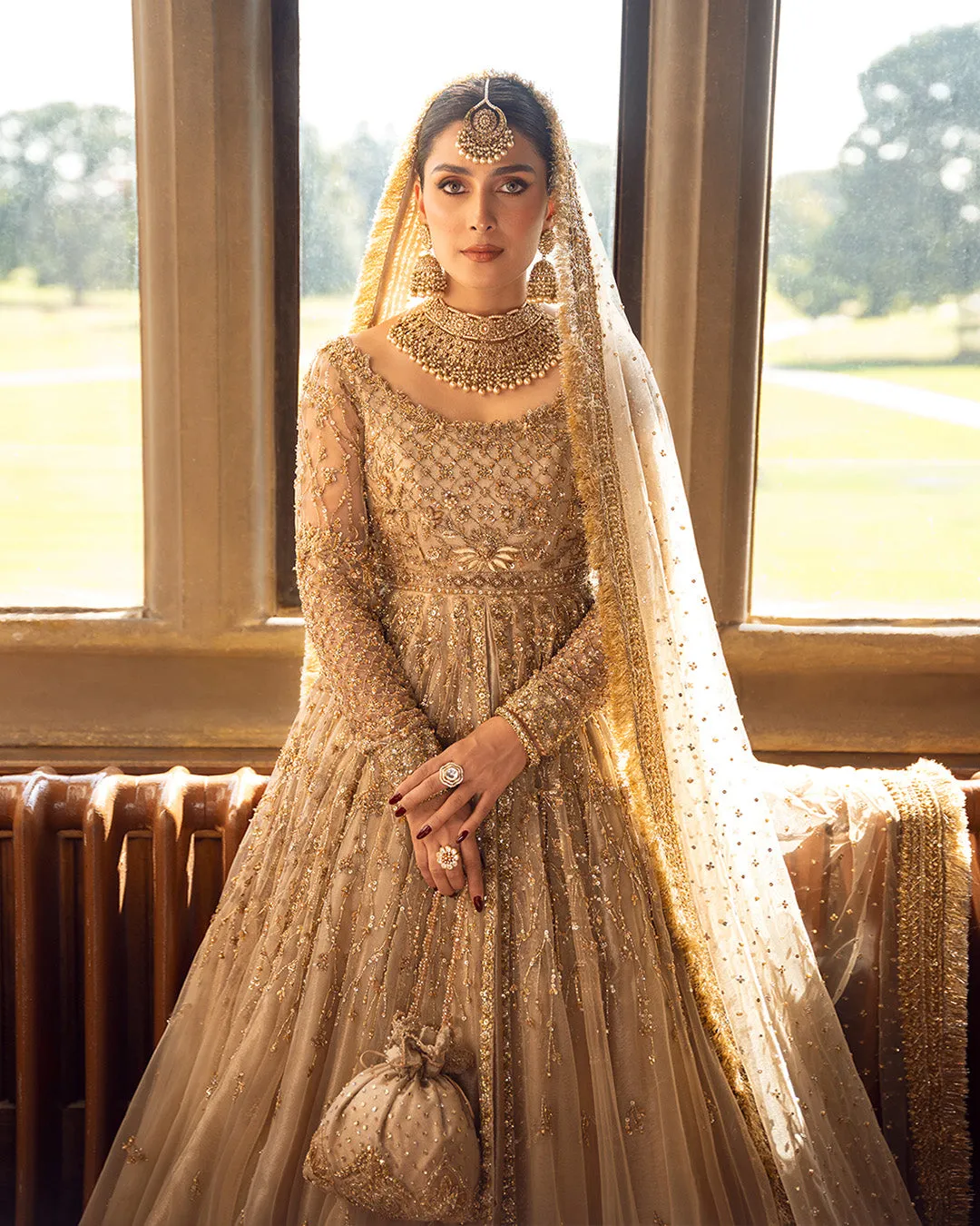 Gold Pakistani Bridal Dress in Pishwas Lehenga Style