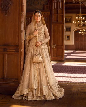 Gold Pakistani Bridal Dress in Pishwas Lehenga Style