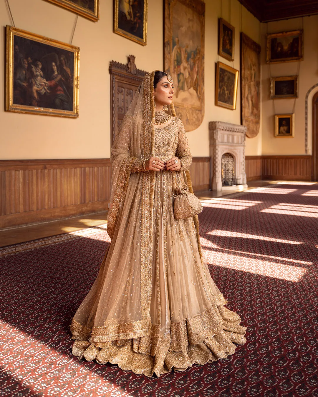 Gold Pakistani Bridal Dress in Pishwas Lehenga Style