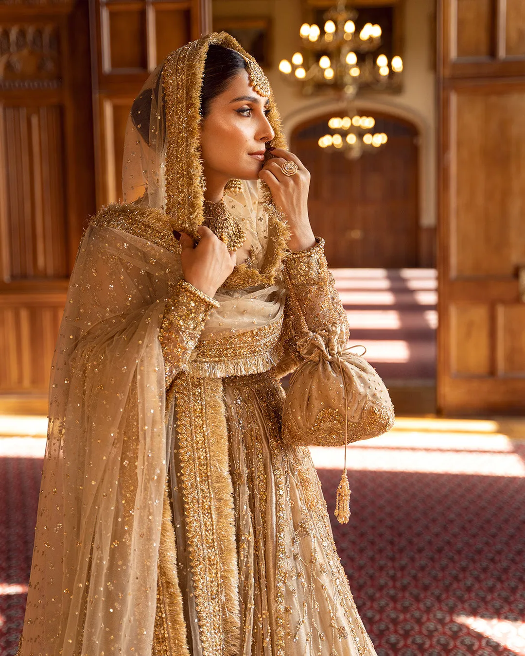 Gold Pakistani Bridal Dress in Pishwas Lehenga Style
