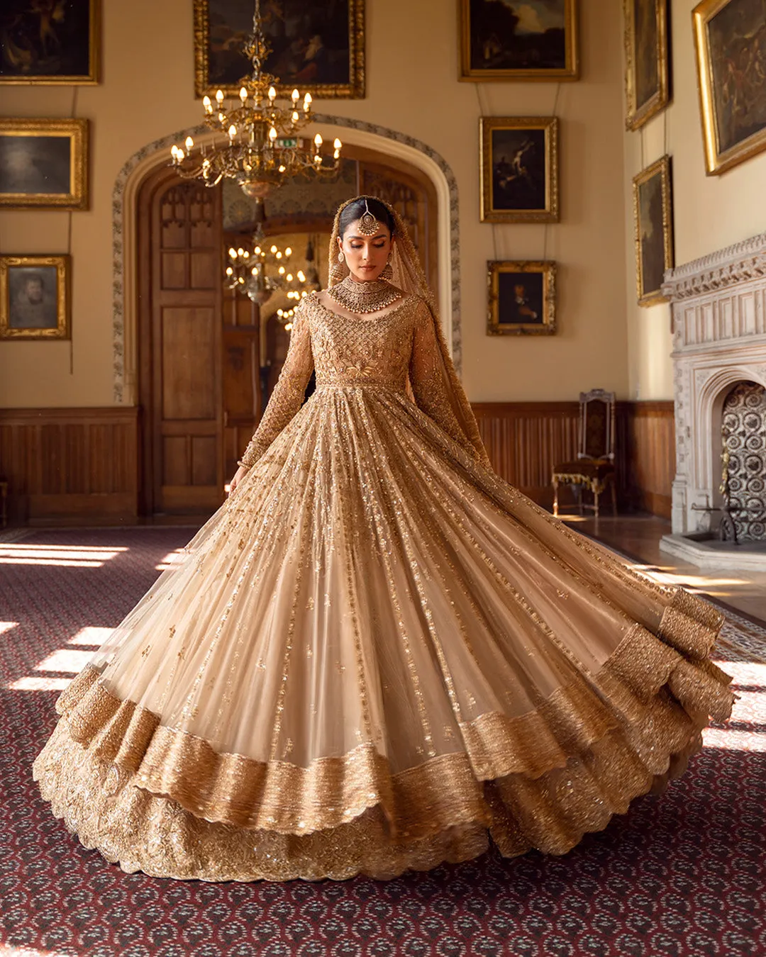 Gold Pakistani Bridal Dress in Pishwas Lehenga Style