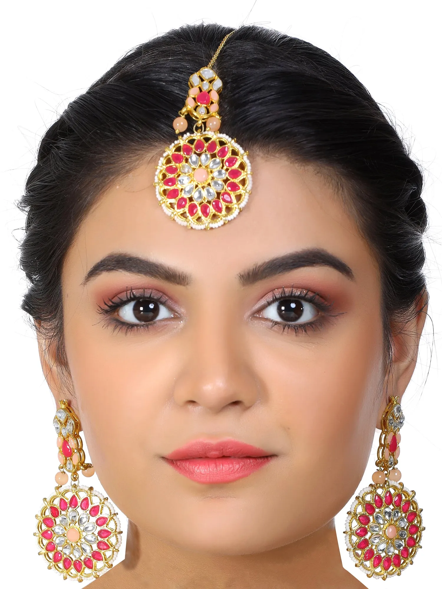 Gold Plated Red and Peach Kundan Dangler Earrings with Maangtikka for Women