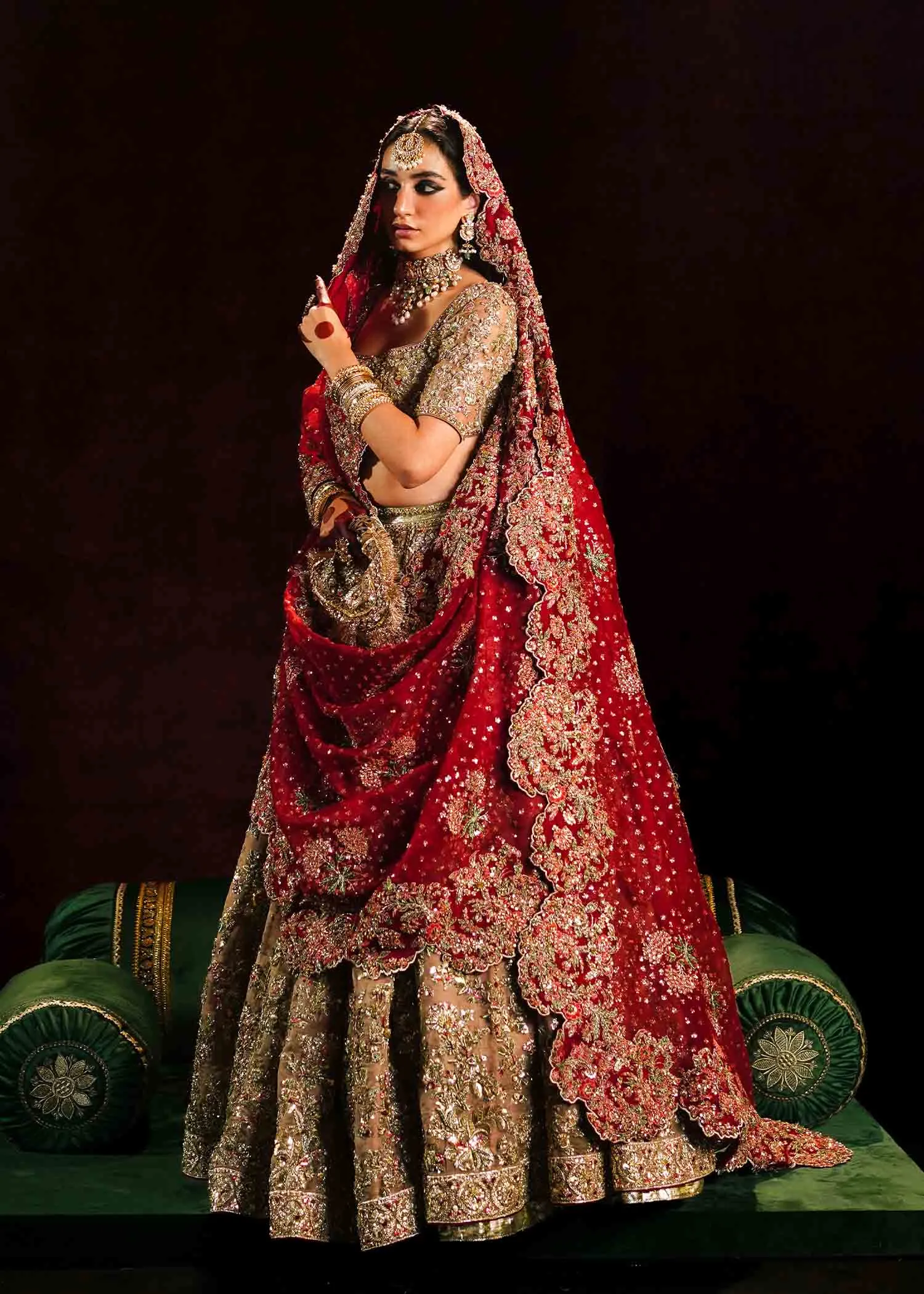 Golden Lehenga Choli with Maroon Dupatta for Wedding