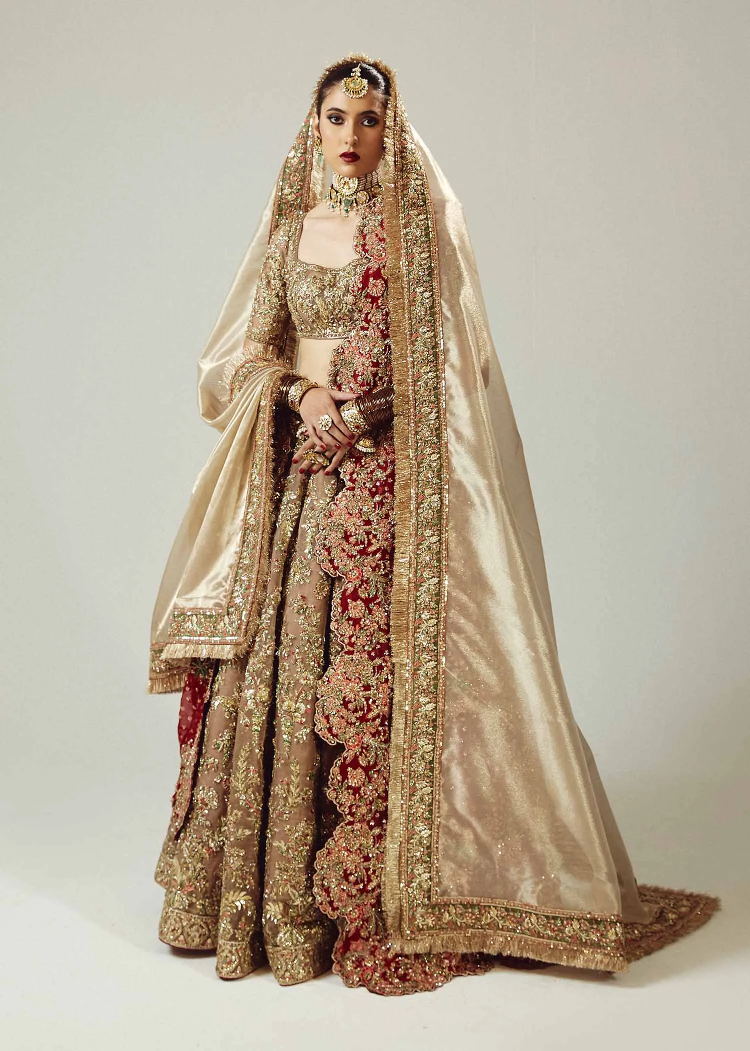 Golden Lehenga Choli with Maroon Dupatta for Wedding