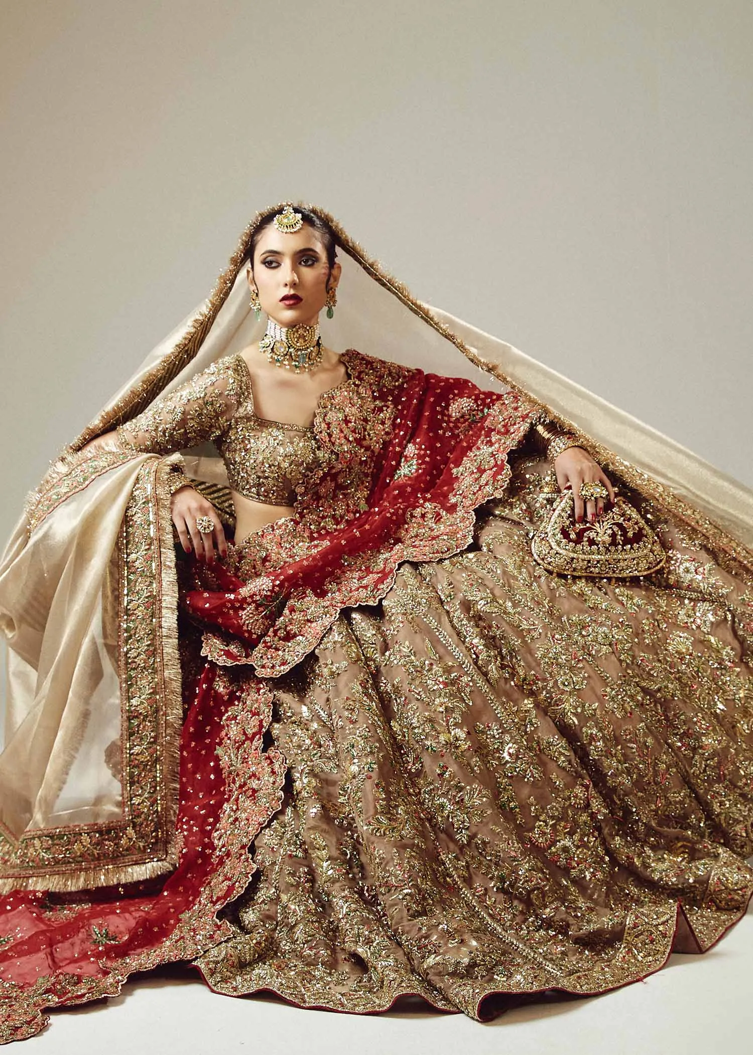 Golden Lehenga Choli with Maroon Dupatta for Wedding