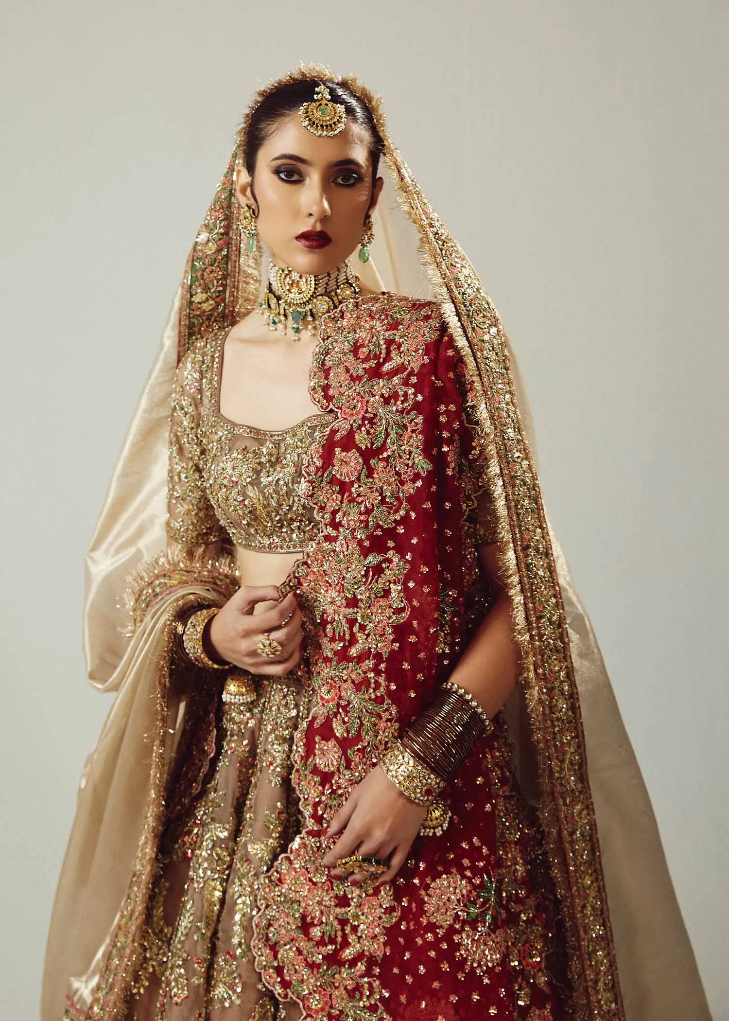 Golden Lehenga Choli with Maroon Dupatta for Wedding