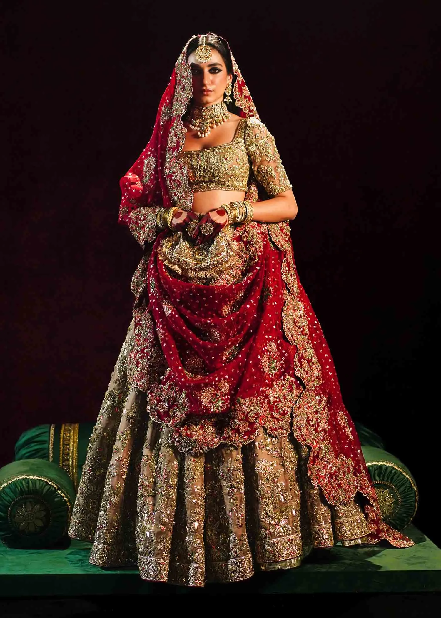 Golden Lehenga Choli with Maroon Dupatta for Wedding