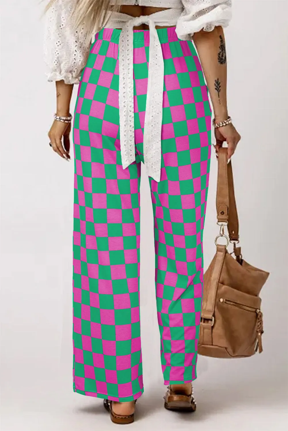 Green 2-Tone Checked Print High Waist Wide Leg Pants