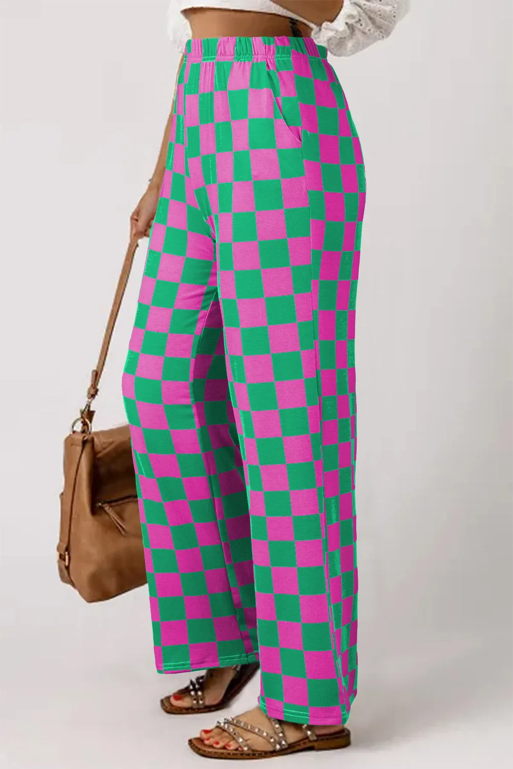 Green 2-Tone Checked Print High Waist Wide Leg Pants