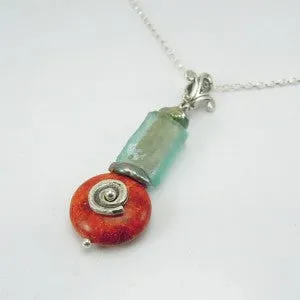 Hadar Designers Handmade Sterling Silver Ancient Roman Glass Coral Pendant (as
