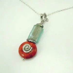 Hadar Designers Handmade Sterling Silver Ancient Roman Glass Coral Pendant (as