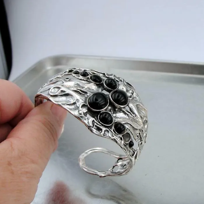 Hadar Designers Israel Handmade Sterling Silver Black Onyx Cuff Bracelet (H 313b