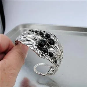 Hadar Designers Israel Handmade Sterling Silver Black Onyx Cuff Bracelet (H 313b
