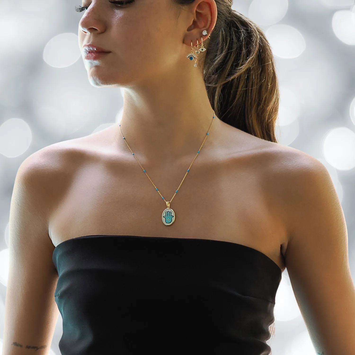 Hamsa Hand Good Fortune Turquoise Pendant Gold Chain Necklace