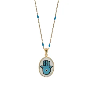 Hamsa Hand Good Fortune Turquoise Pendant Gold Chain Necklace