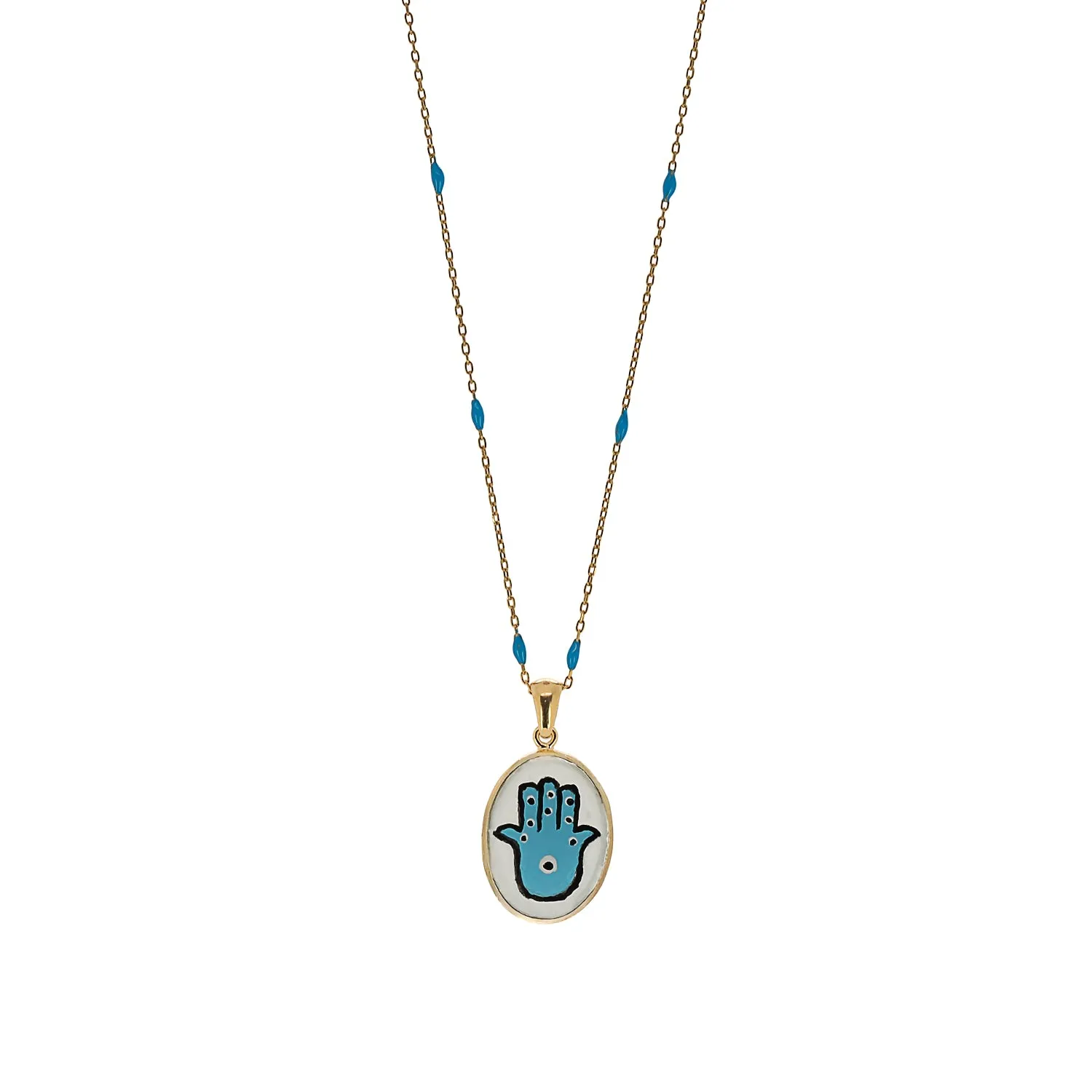 Hamsa Hand Good Fortune Turquoise Pendant Gold Chain Necklace