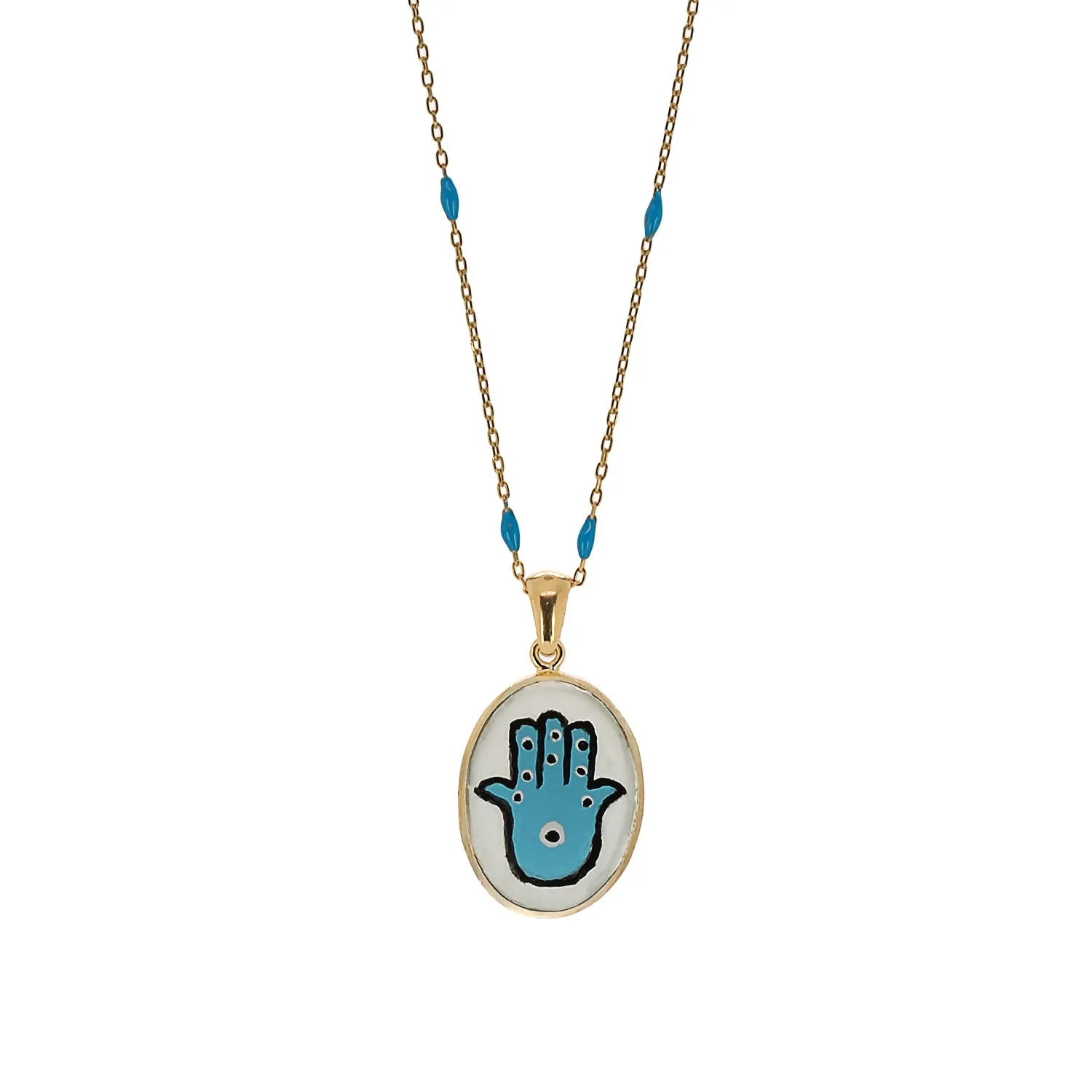 Hamsa Hand Good Fortune Turquoise Pendant Gold Chain Necklace