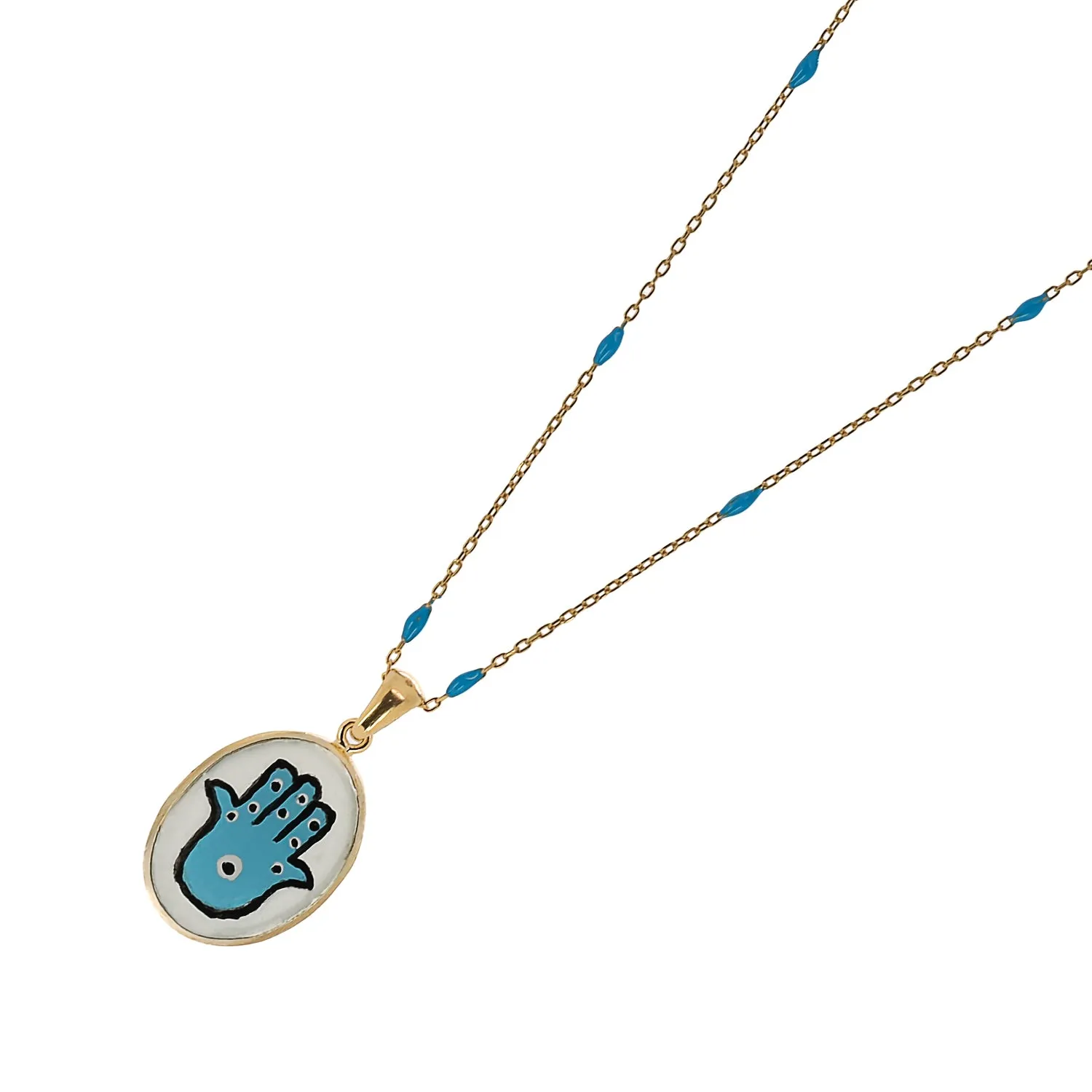 Hamsa Hand Good Fortune Turquoise Pendant Gold Chain Necklace