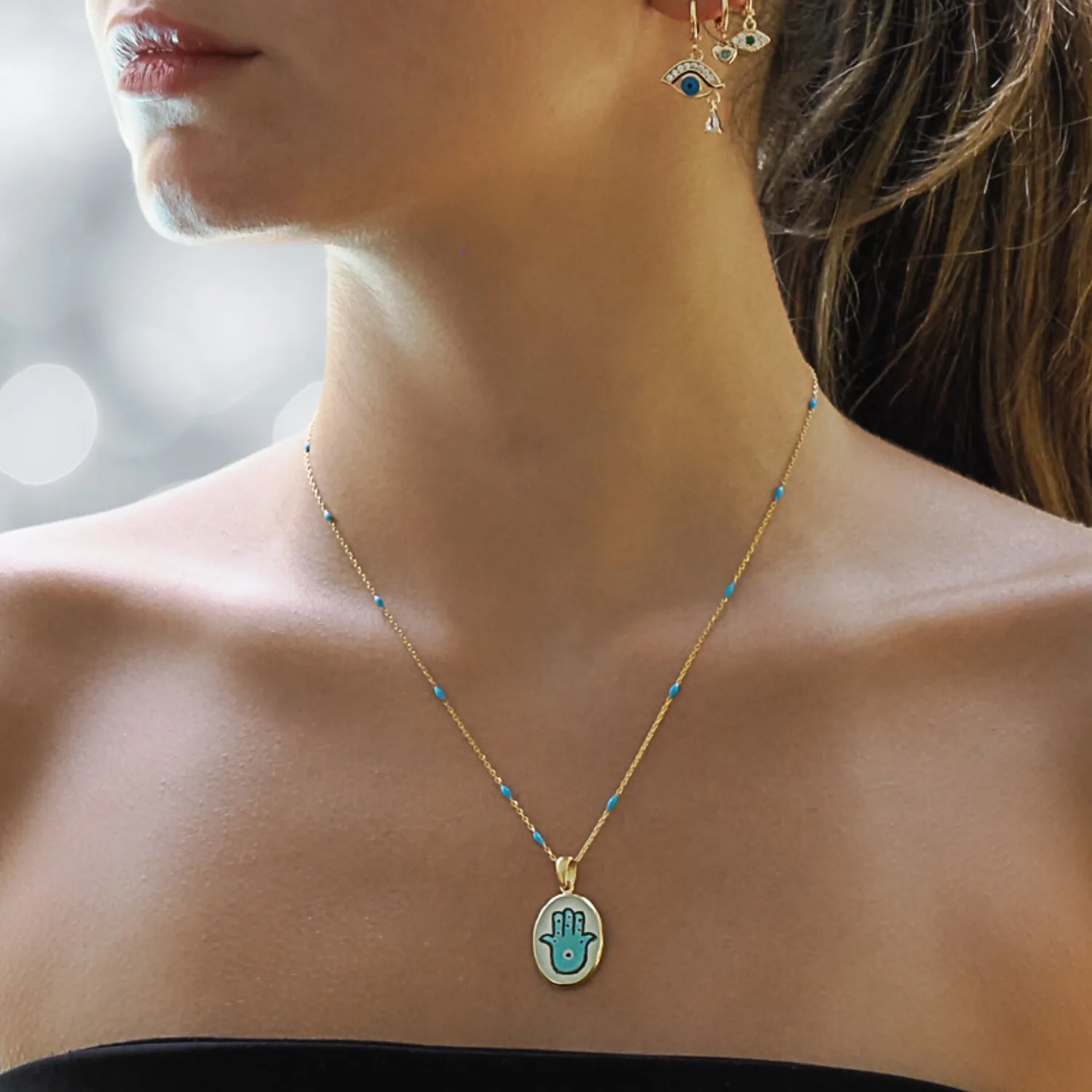 Hamsa Hand Good Fortune Turquoise Pendant Gold Chain Necklace