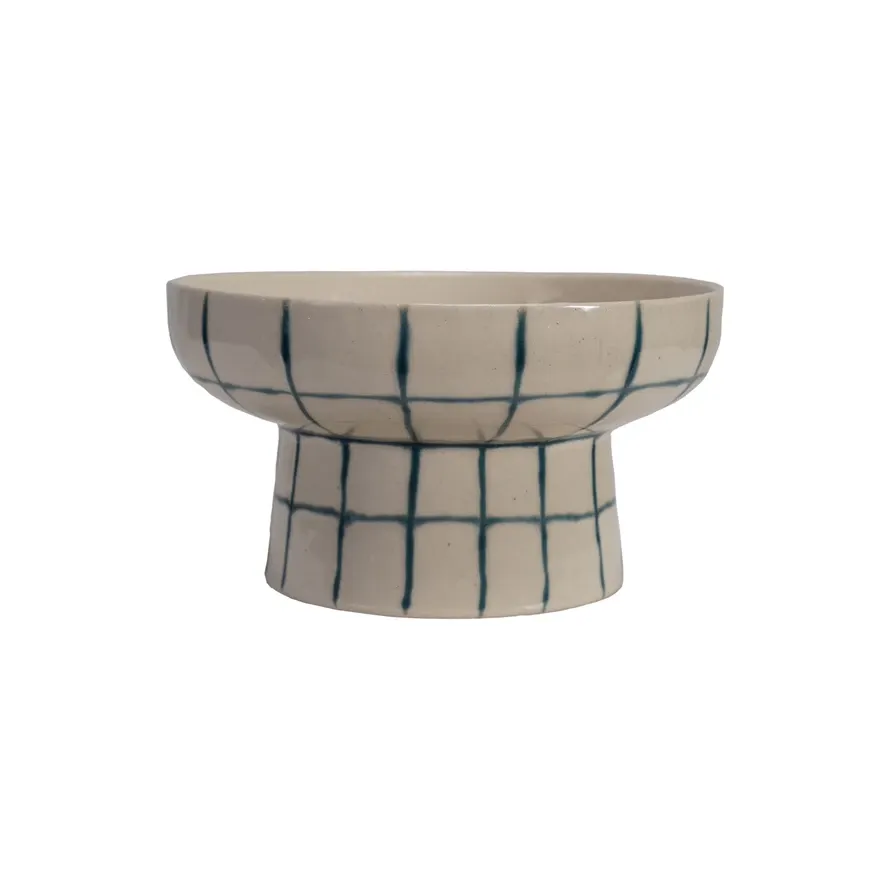 Hand-Painted Stoneware Pedestal Bowl