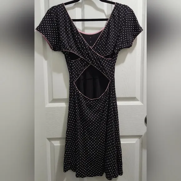 Hell Bunny Blossom Dress black with white polka dot women's size Large