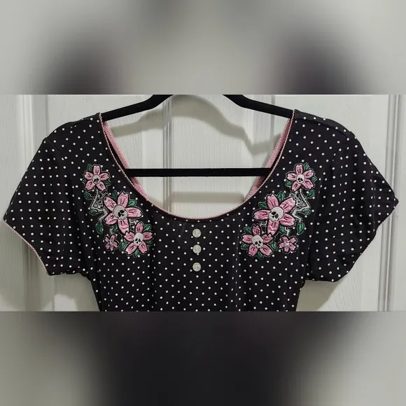 Hell Bunny Blossom Dress black with white polka dot women's size Large
