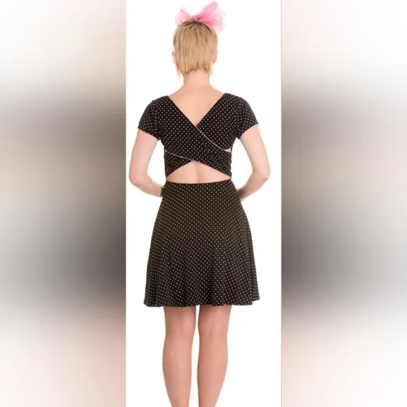 Hell Bunny Blossom Dress black with white polka dot women's size Large
