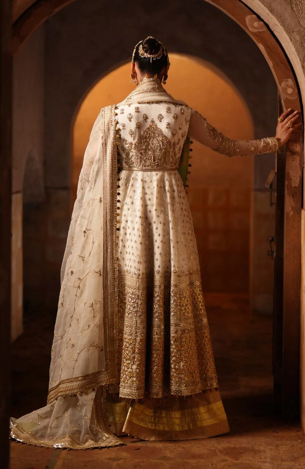Ivory Pakistani Bridal Outfit in Pishwas Sharara Style