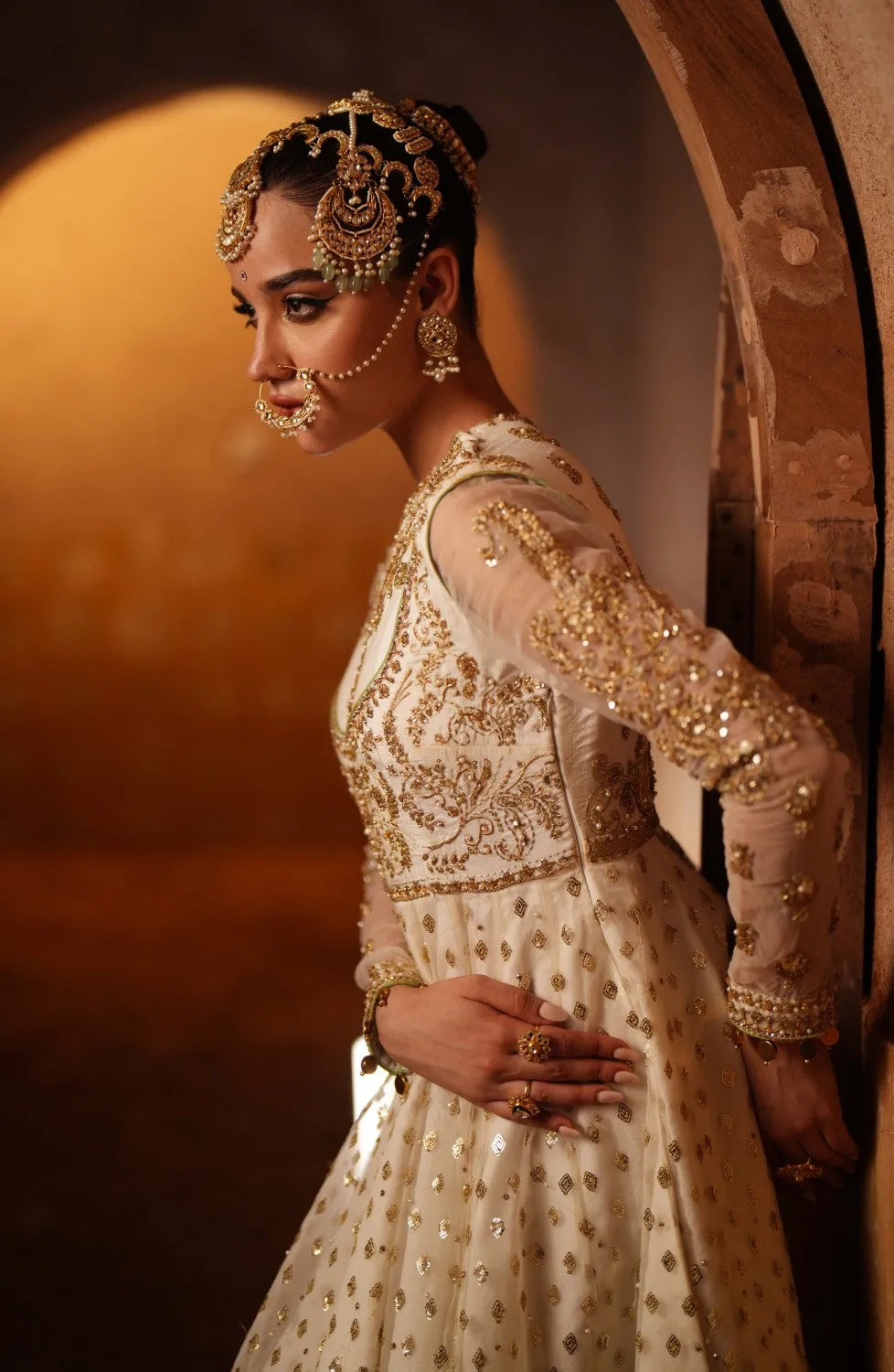 Ivory Pakistani Bridal Outfit in Pishwas Sharara Style