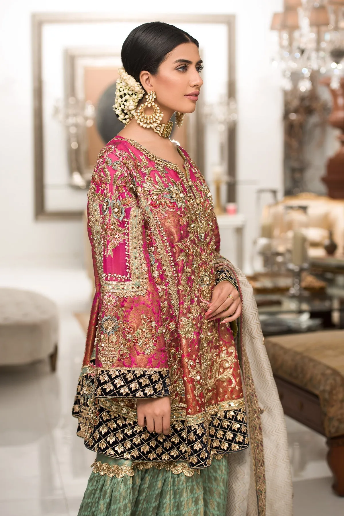 Jamawar Green Sharara Frock Pakistani Wedding Dresses